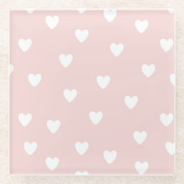 Posavasos De Vidrio Rosa Rubor con corazones blancos