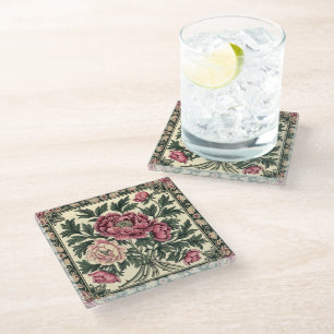Posavasos De Vidrio Rosa Vintage y Peonía Verde de William Morris en S