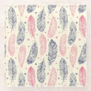 Posavasos De Vidrio Rosa y modelo étnico púrpura de la pluma