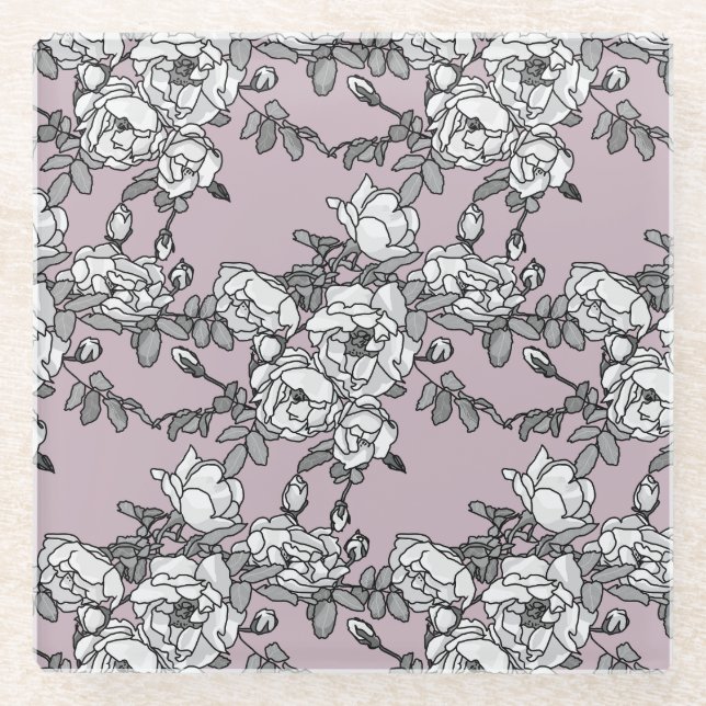 Posavasos De Vidrio rosas blancas fondo lavanda (Anverso)