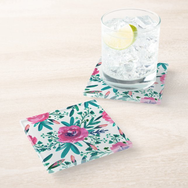 Posavasos De Vidrio Rosas de acuarelas rosadas (Angular)