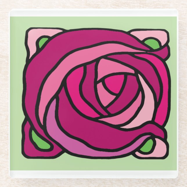 Posavasos De Vidrio Rosas de la cosecha Patrón floral rosa y verde (Anverso)