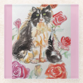 Posavasos De Vidrio Rosas De Tuxedo Cat Cute Flores Gatos Rosa De Acua
