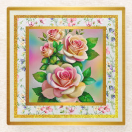 Posavasos De Vidrio Rosas Elegancia Rosa y Amarillo Acuarela Pastel