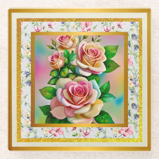 Posavasos De Vidrio Rosas Elegancia Rosa y Amarillo Acuarela Pastel (Anverso)