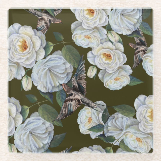 Posavasos De Vidrio Rosas Pastel, boda floral sin costura. (Anverso)