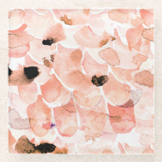 Posavasos De Vidrio Rosas, peones y hojas, patrón de acuarela.