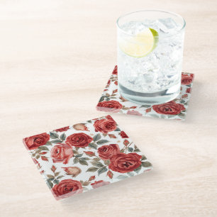 Posavasos De Vidrio Rosas Rojas Acuarela Floral Botánico Pintado