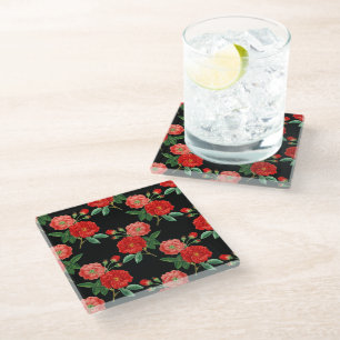 Posavasos De Vidrio Rosas rojas, fondo negro,