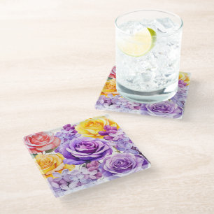 Posavasos De Vidrio Rosas románticos y montaña de flores de lino