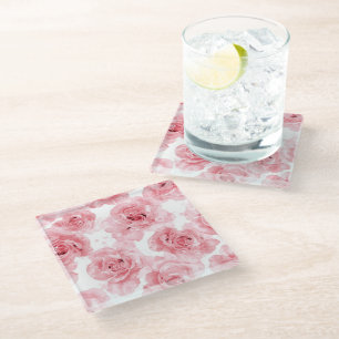 Posavasos De Vidrio Rosas rosadas acuarela floral rubor botánico