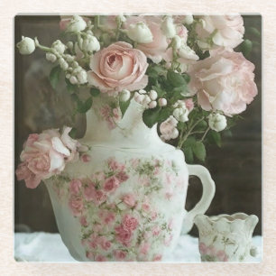 Posavasos De Vidrio Rosas rosadas bonitas en tetera de porcelana antig