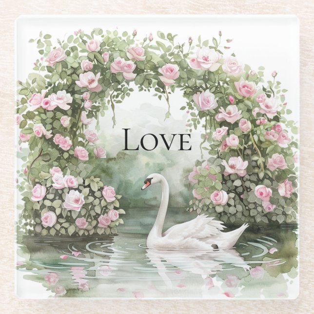 Posavasos De Vidrio Rosas rosadas románticas Swan Lake floral   (Anverso)