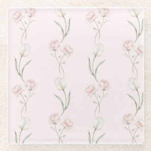 Posavasos De Vidrio Rosas rosadas sonrojadas Tulipanes blancos  