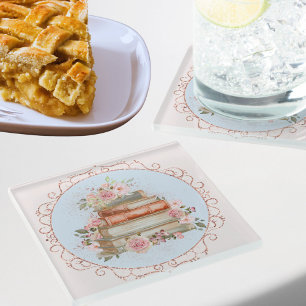 Posavasos De Vidrio Rosas rosadas vintage y flores de libros en acuare