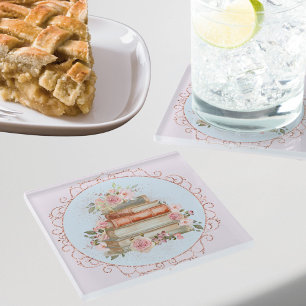 Posavasos De Vidrio Rosas rosadas vintage y flores de libros en acuare
