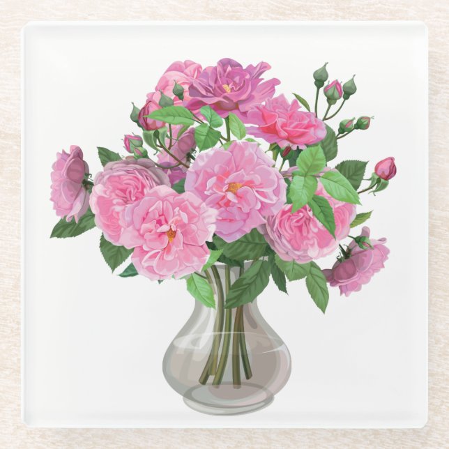 Posavasos De Vidrio Rosas rosas rosadas de aletas de vidrio (Anverso)
