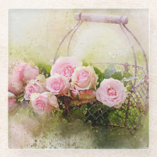 Posavasos De Vidrio Rosas rosas rosas y cesta