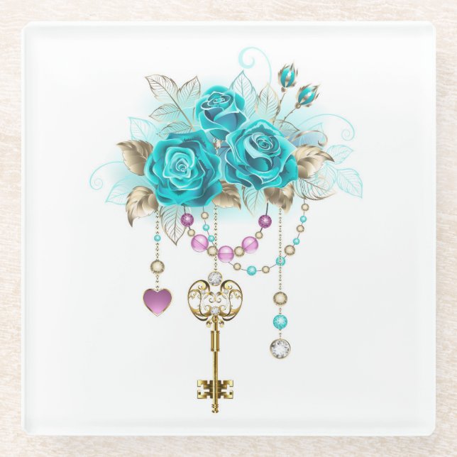 Posavasos De Vidrio Rosas turquesas con llaves (Anverso)