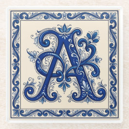 Posavasos De Vidrio Rosemaling Monogram Prussian Blue