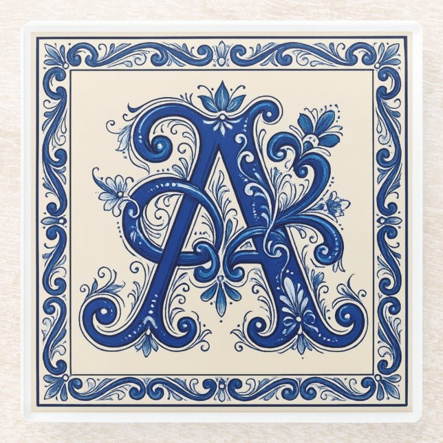 Posavasos De Vidrio Rosemaling Monogram Prussian Blue (Anverso)