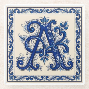 Posavasos De Vidrio Rosemaling Monograma Azul de Prusia
