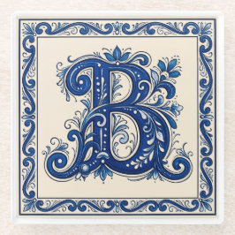 Posavasos De Vidrio Rosemaling Monograma-Azul de Prusia