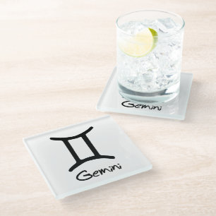 Posavasos De Vidrio Rótulo Gemini Zodiac sobre fondo blanco
