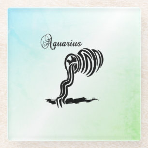 Posavasos De Vidrio Rótulo Zodiaco Aquarius y símbolo Verde Azul
