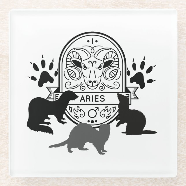 Posavasos De Vidrio Rótulo zodiaco y Mascotas coincidentes. Aries.Ferr (Anverso)