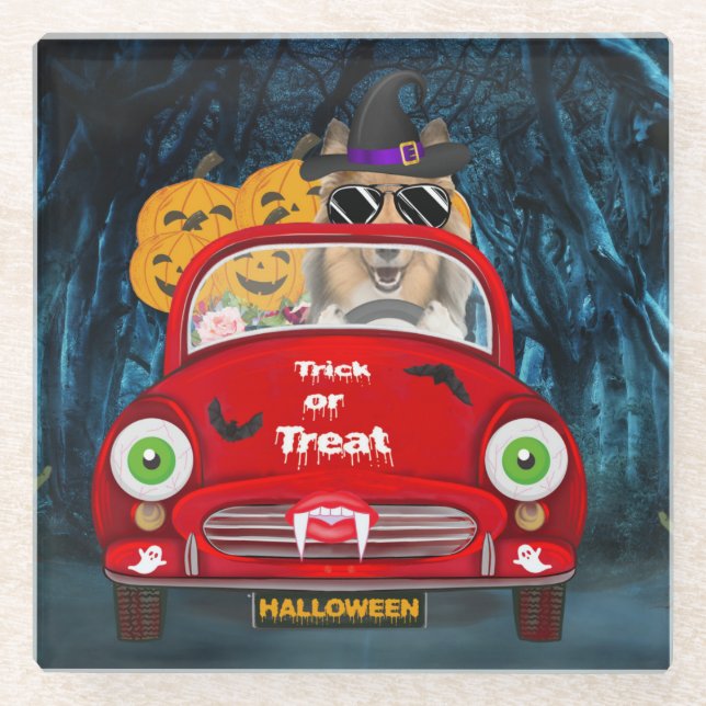 Posavasos De Vidrio Rough Collie Dog Drin Car Scary Halloween (Anverso)