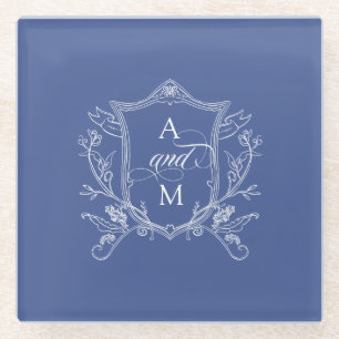 Posavasos De Vidrio Royal Azul Vintage Cresta Boda Agradecimiento