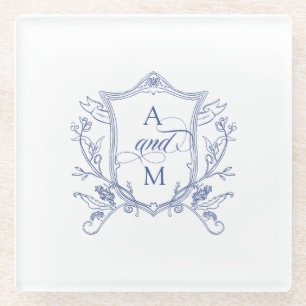 Posavasos De Vidrio Royal Azul Vintage Cresta Boda Agradecimiento