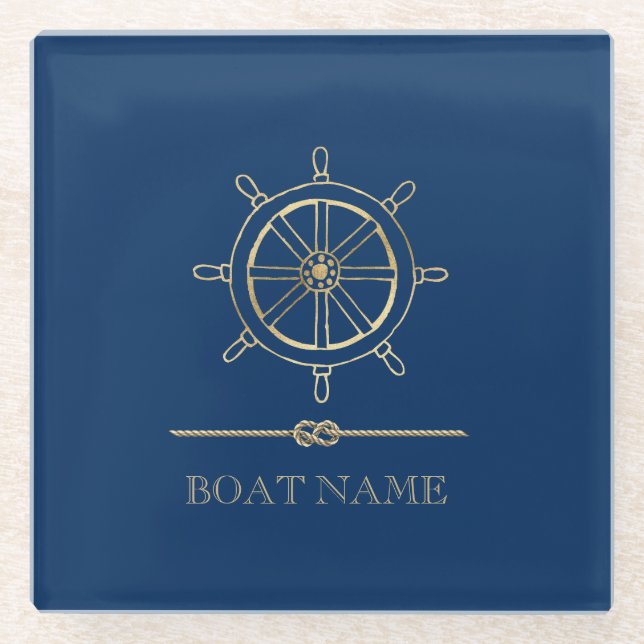 Posavasos De Vidrio Rueda Nautical Gold Boat,Azul marino (Anverso)