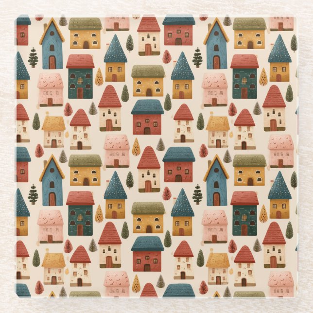 Posavasos De Vidrio Rustic Festive Christmas Houses Seamless Pattern (Anverso)