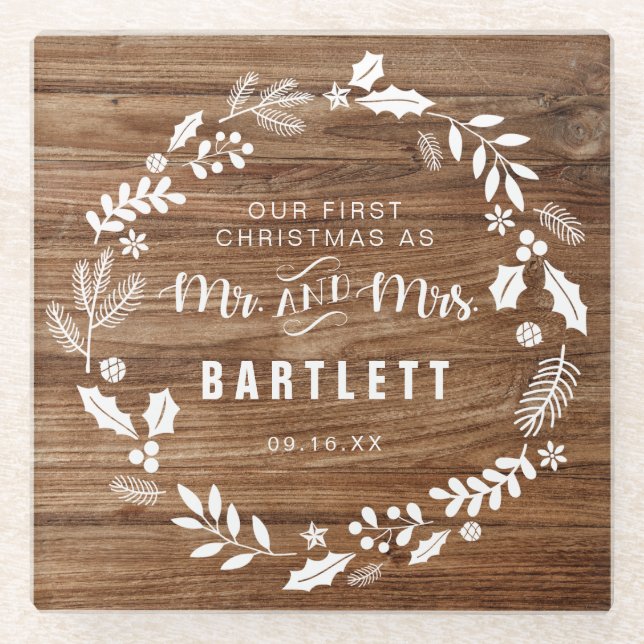Posavasos De Vidrio Rustic First Christmas Mr. y Mrs. (Anverso)
