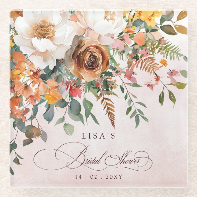 Posavasos De Vidrio Rustic Orange Floral Fall Bridal Shower  (Anverso)