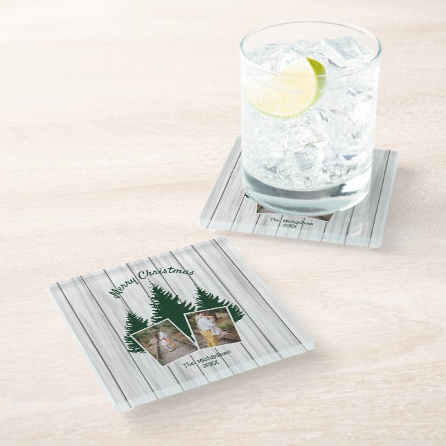 Posavasos De Vidrio Rustic Woodland Christmas Photo (Angular)