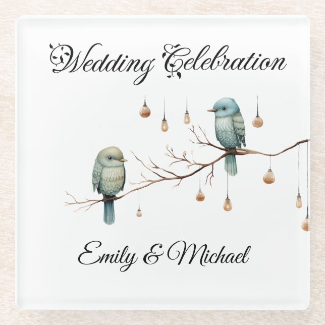 Posavasos De Vidrio Rustic Woodland Love Birds Celebration (Anverso)