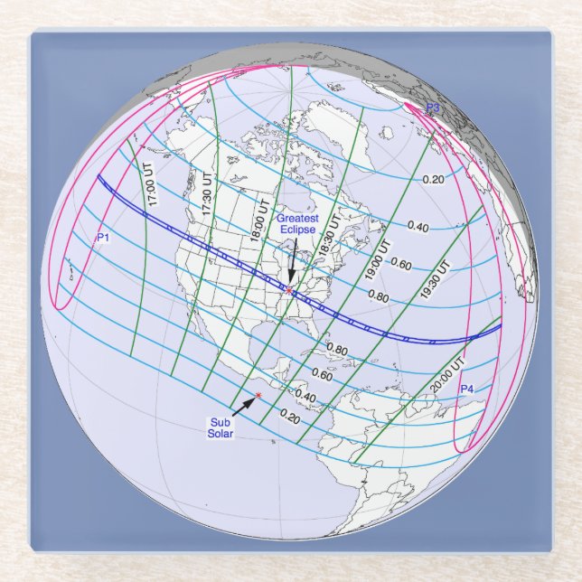 Posavasos De Vidrio Ruta mundial total del eclipse solar 2017 (Anverso)