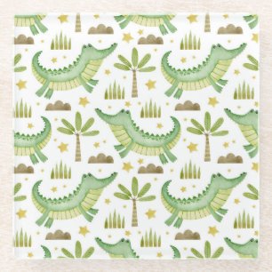 Posavasos De Vidrio Safari africano: Cocodrilo acuarela y palmeras