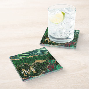 Posavasos De Vidrio Safari de Animal Verde y Dorado con Glitter Agata
