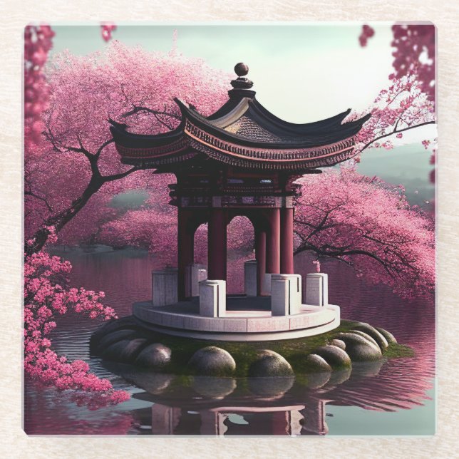Posavasos De Vidrio Sakura Cherry Blossom Garden Shrine Pond Japonés (Anverso)