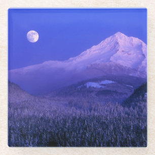 Posavasos De Vidrio Salida de la luna sobre el invierno del Mt Hood, O