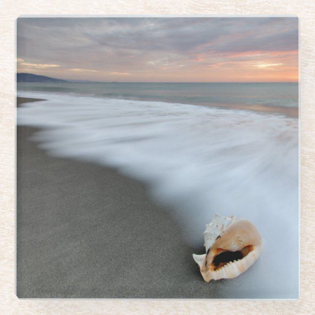 Posavasos De Vidrio Salida del sol en la playa y Shell (Anverso)