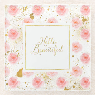 Posavasos De Vidrio Salpicaduras de oro rosas rosadas Hola Hermosa