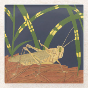Posavasos De Vidrio Saltamontes en hierba verde en fondo azul