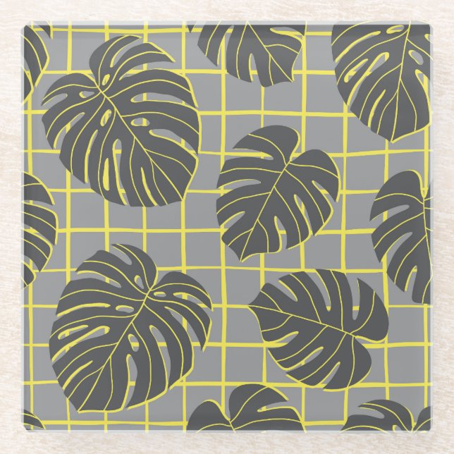 Posavasos De Vidrio Saltos de Monstera: Resumen moderno amarillo-gris (Anverso)