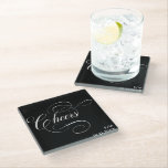 Posavasos De Vidrio Saludos con guión de época | Personalizado Moody B<br><div class="desc">Sencillas y elegantes posavasos con el texto "Cheers" en una fuente caligráfica de estilo vintage en blanco sobre un llamativo fondo negro. Personalizar con las iniciales de la pareja y fecha de boda. Elegante decoración fiesta para un boda, recepción, fiesta de compromiso, celebración de fugas, cena de ensayo o fiesta...</div>