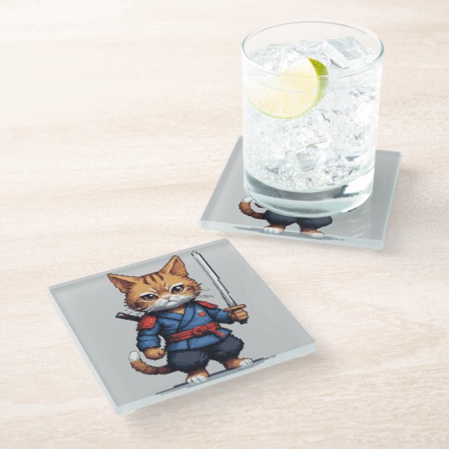 Posavasos De Vidrio Samurai Cat Pixel Art (Angular)